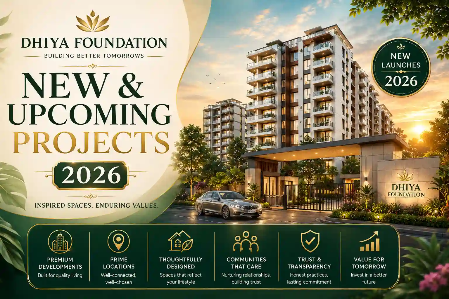 Dhiya Foundation new premium residential projects banner showcasing upcoming villa and apartment developments in Coimbatore